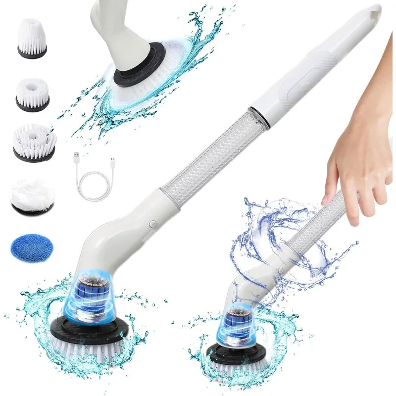 Electric Scrubbers High Speed Rotate Scrubbers with 5 Replaceable Brush Heads and Adjust Extension Handle New Power Cleaning