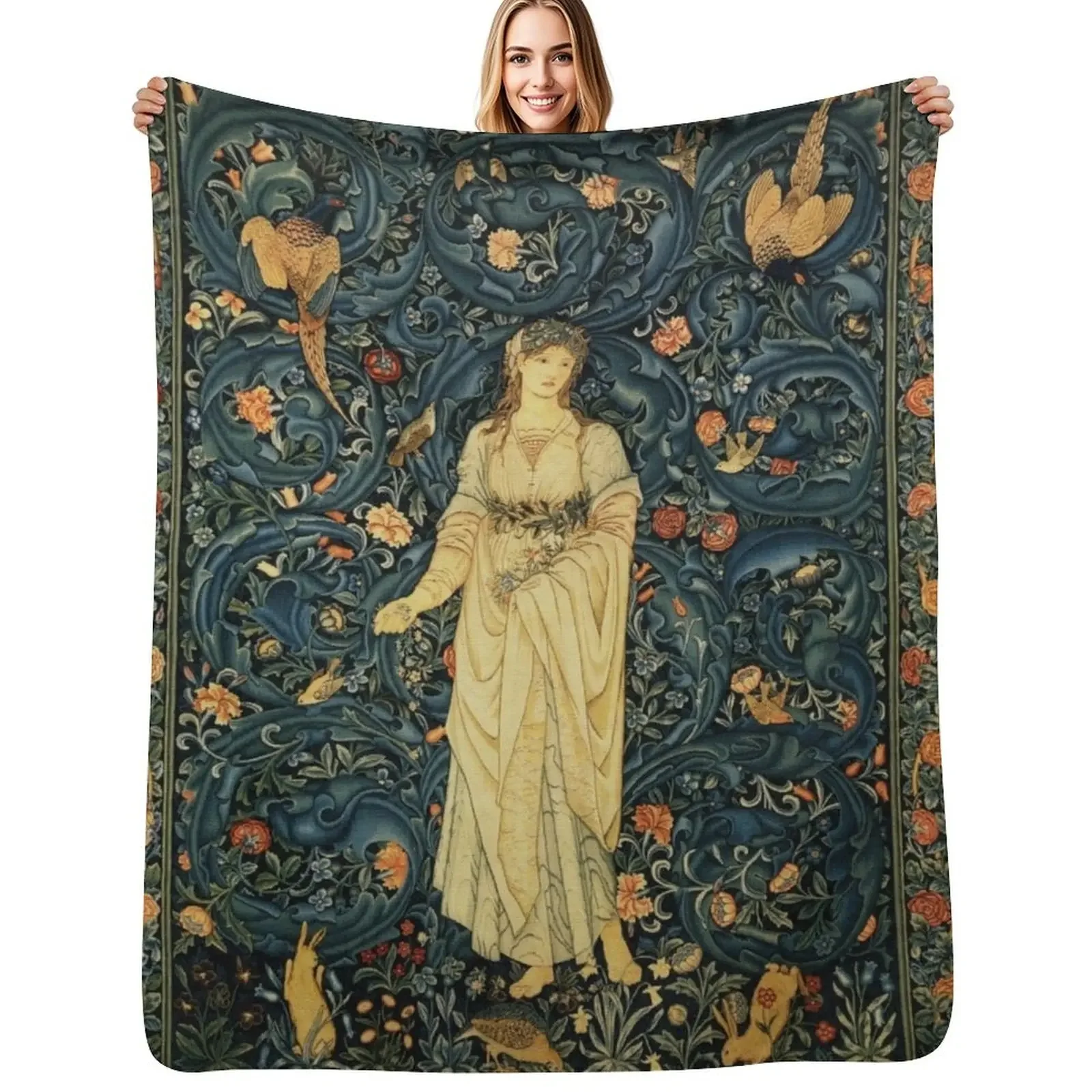 

LADY FLORA, GREENERY, FOREST ANIMALS ,BIRDS ,RABBITS Blue Green Floral Tapestry Throw Blanket Flannels Softest Blanket