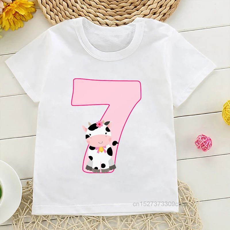 Children’S Birthday Number 1-9 Cute Cows Print T-Shirts Girl Pink Numbers White Short Sleeve Boy Funny Clothes Tee Tops