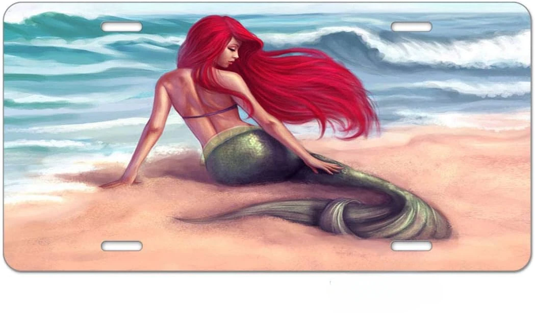 License Plate Mermaid on The Beach with Red Hair Decorative Car Front License Plate Car Plate Aluminum 6X12 Inch for Women