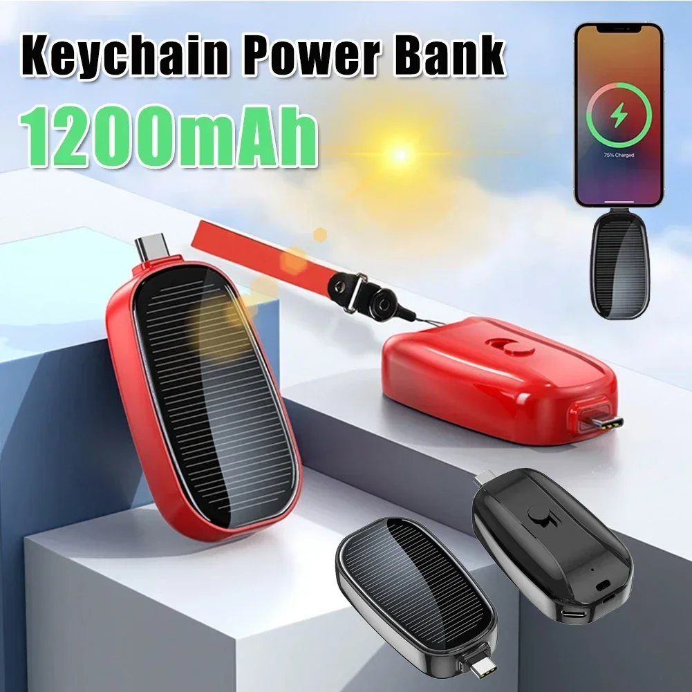 

Solar Power Keychain Phone Charger 1200mAh Portable Type-C Wireless Power Bank For iPhone Samsung Huawei Emergency Battery Pack