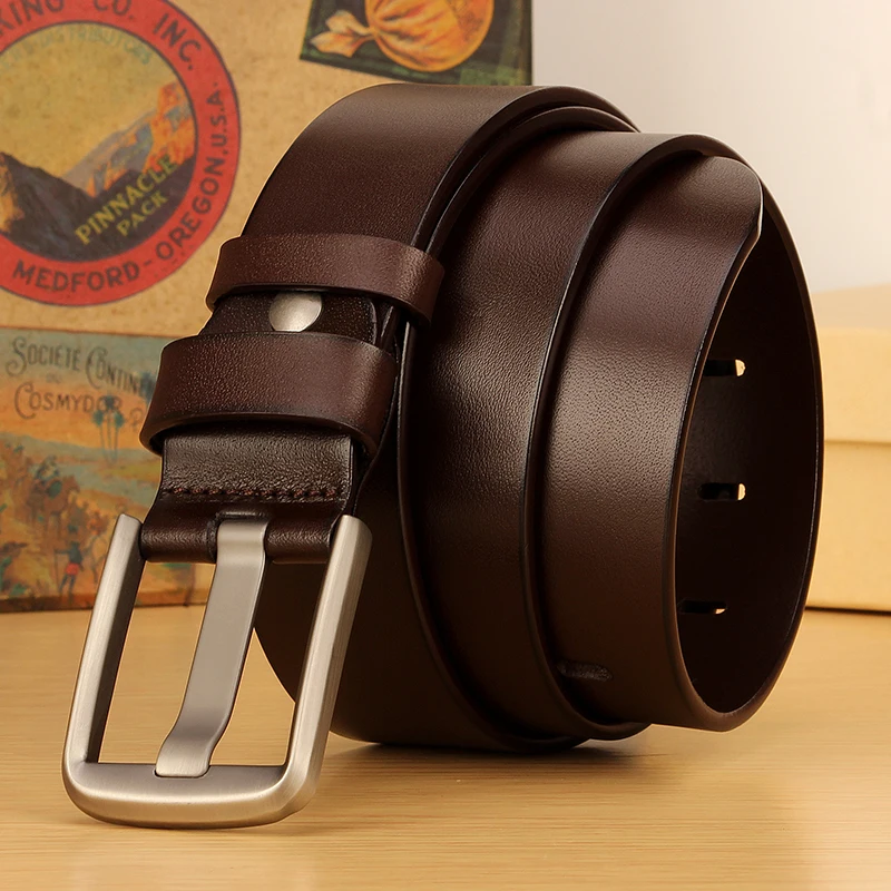 Ceinture en cuir véritable rétro pour hommes, peau de vache, haute qualité, environnement de mode, ceinture en cuir pour jeans, noir et café, 3.8cm