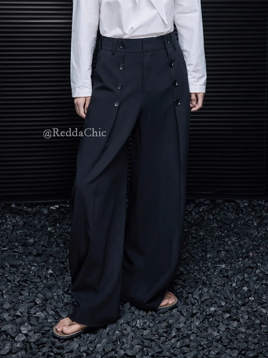 REDDACHiC المرأة زر ديكور البدلة بنطلون مطوي جيوب أمامية واسعة الساق فضفاضة نظيفة تناسب سروال فستان مكتب ارتداء اليومي