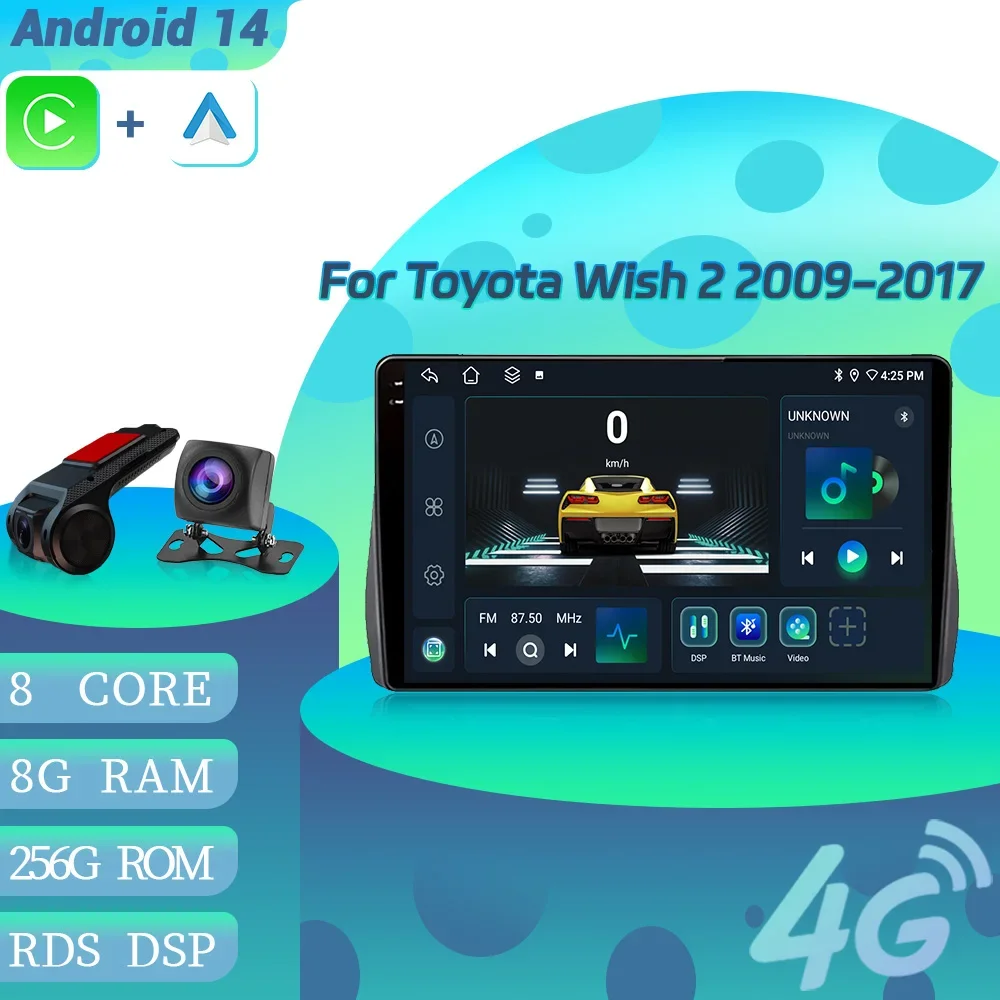

Android 14 для Toyota Wish 2 2009-2017 автомобильный радиоприемник мультимедийный видеоплеер навигация 4G беспроводной Bluetooth CarPlay сенсорный экран