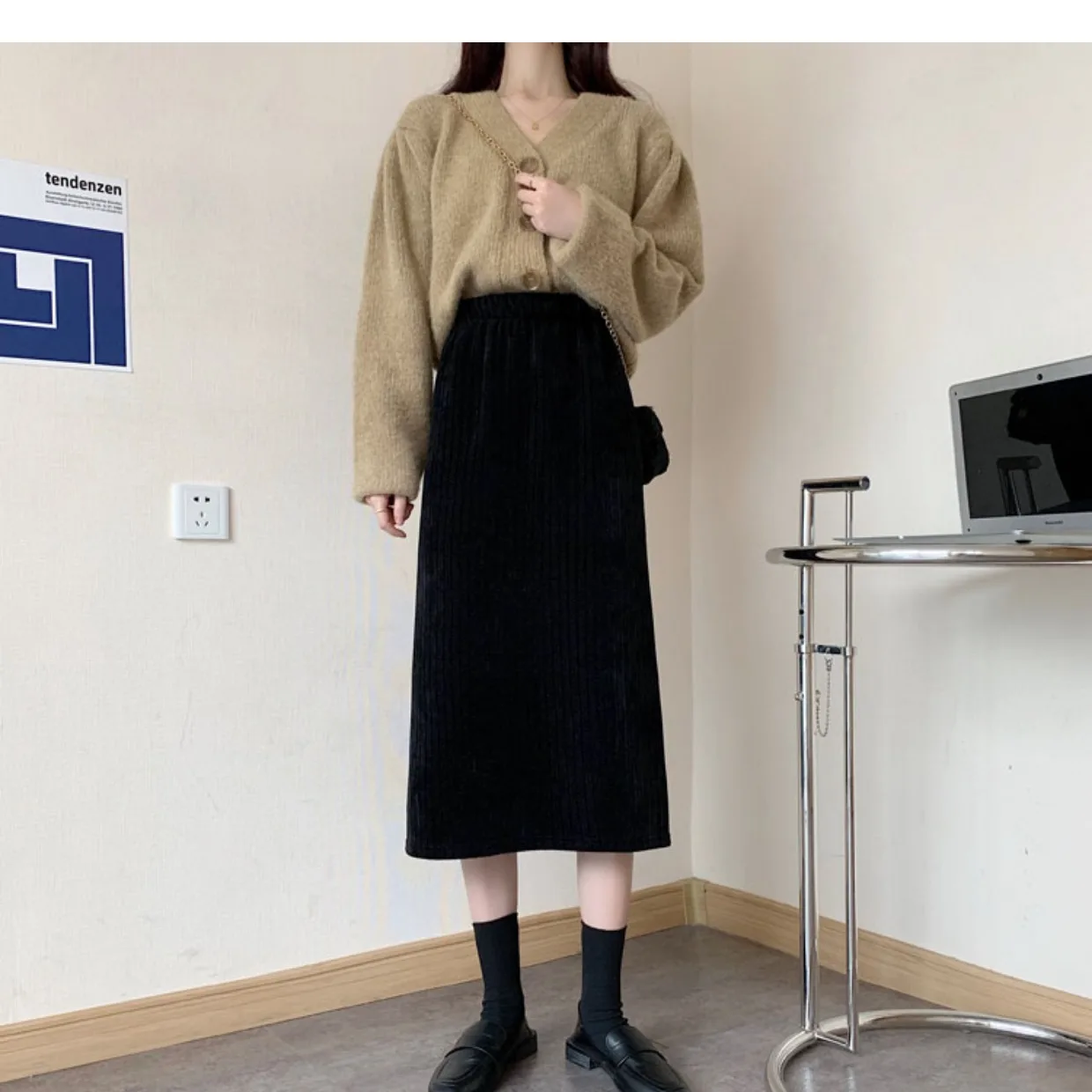 

Autumn Winter High Waist Slimming Corduroy Skirt Women's Faionable Versatile Midi A-Line f Skirt Polyester Fiber