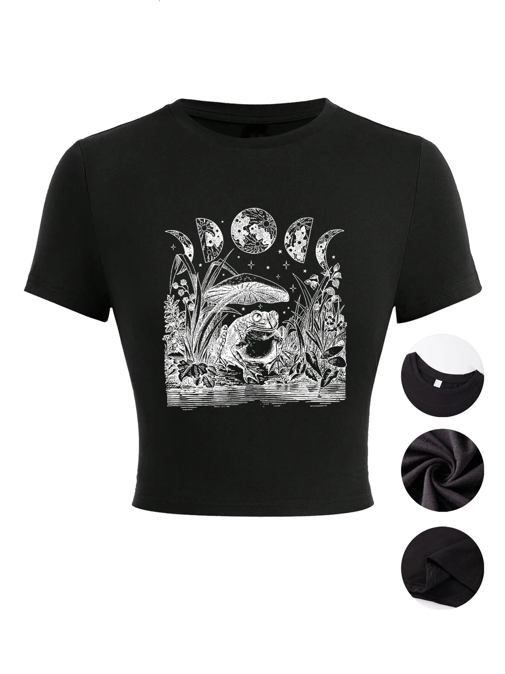 Frog Mushroom Moon Witchy bedruckte Damen-Crop-Tops, Sommer-Slim-T-Shirts mit O-Ausschnitt, weiche Kurzarm-T-Shirts, sexy, hochelastische Kleidung