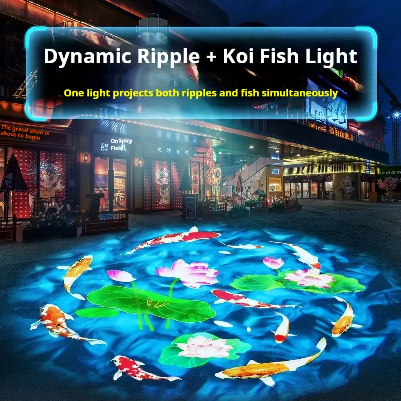 

Динамическая рябь воды, специальный эффект, рыба, проекция с двойной головкой, прожектор Koi, логотип, рекламная дверь, наружное атмосферное освещение