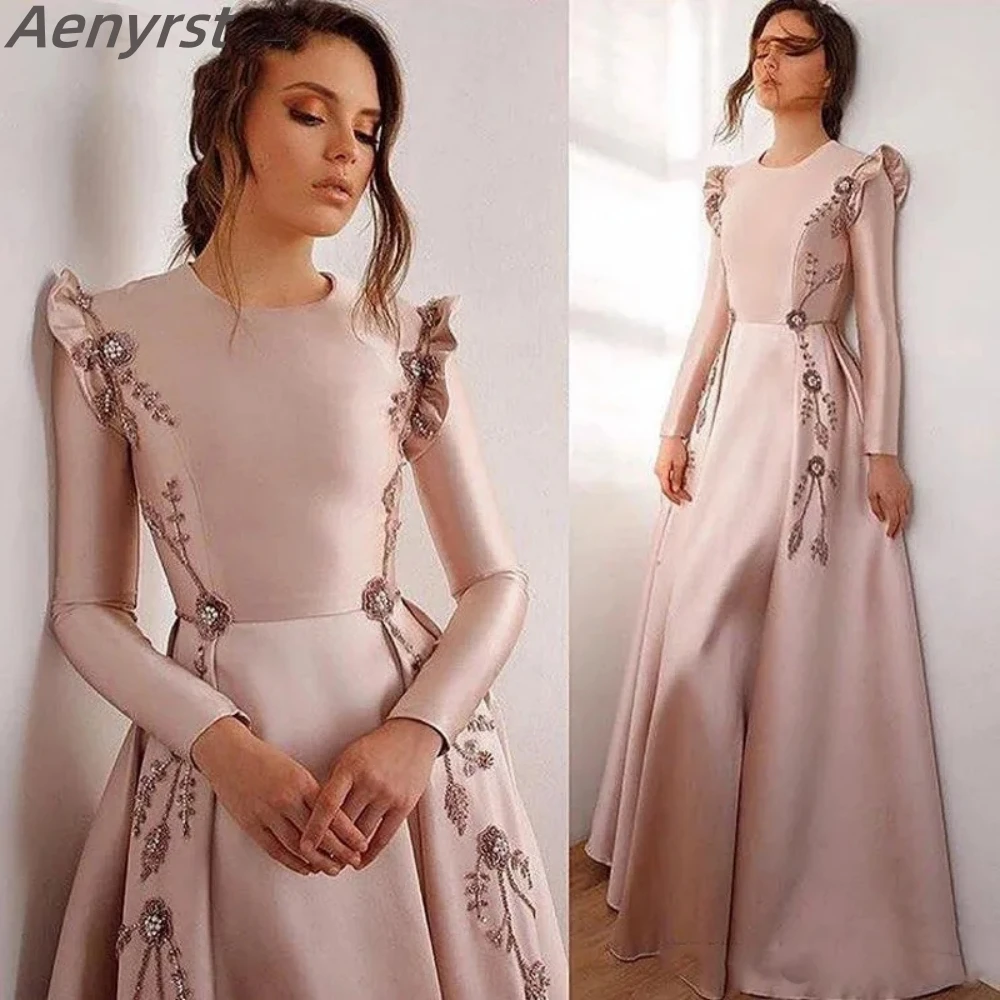 

Elegant Pink Evening Gowns Appliques Beads Pleat Lace Wedding Party Dress Long Sleeves Prom Dresses Plus SizeVestidos para mujer