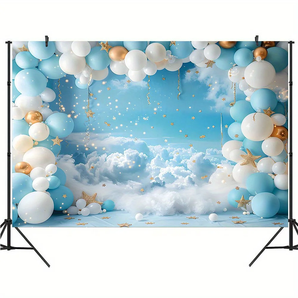 Balloon stars blue sky White clouds photography background, cake smash birthday party supplies, shower portrait studio props