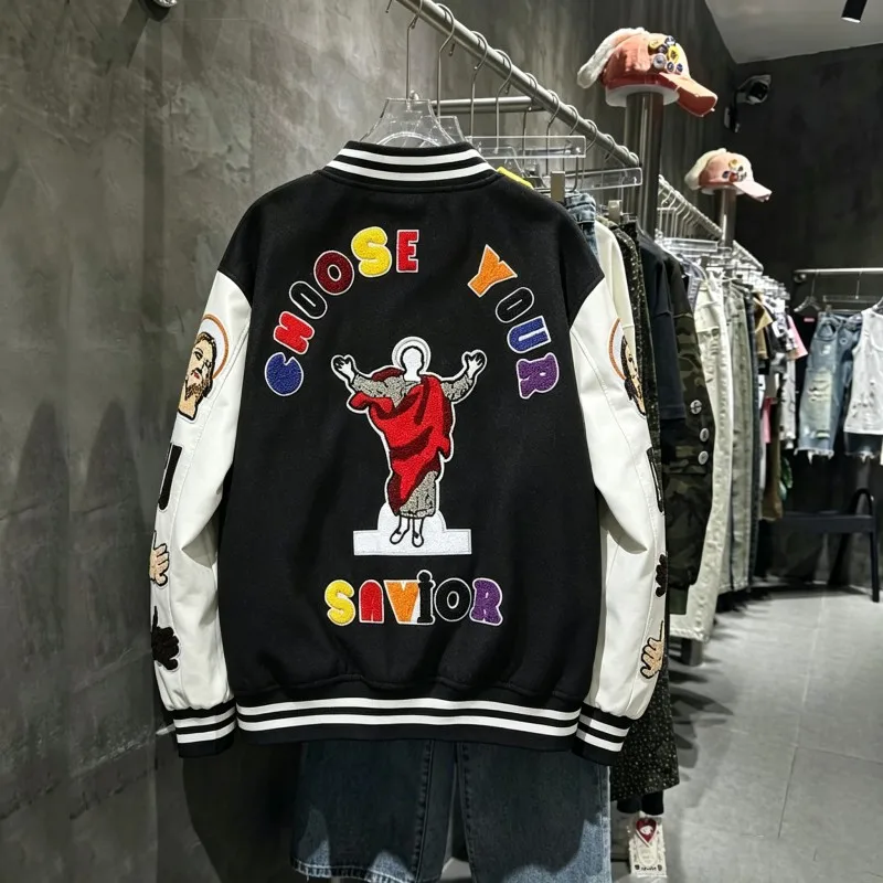 Saint Jackets Colorful Letter Jesus Towel Embroidery Black White PU Patchwork Sleeves Street Baseball Jersey Men Women Coat
