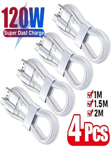 4Pcs 6A Cable 120W Super Fast Charging USB to Type C Cable For Android Highspeed Data Transfer For Xiaomi Redmi 1M 2M Cable