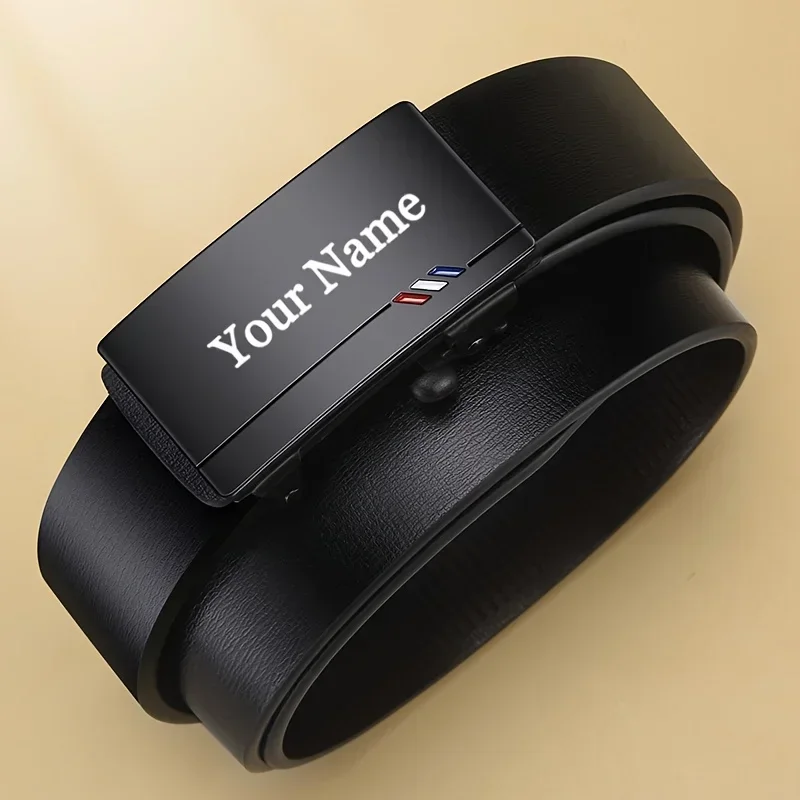 Elegant Personalized Men's Business Automatic Alloy Buckle Belt, Custom Engrave Name Faux Leather Belt, Gift for Father's Day
