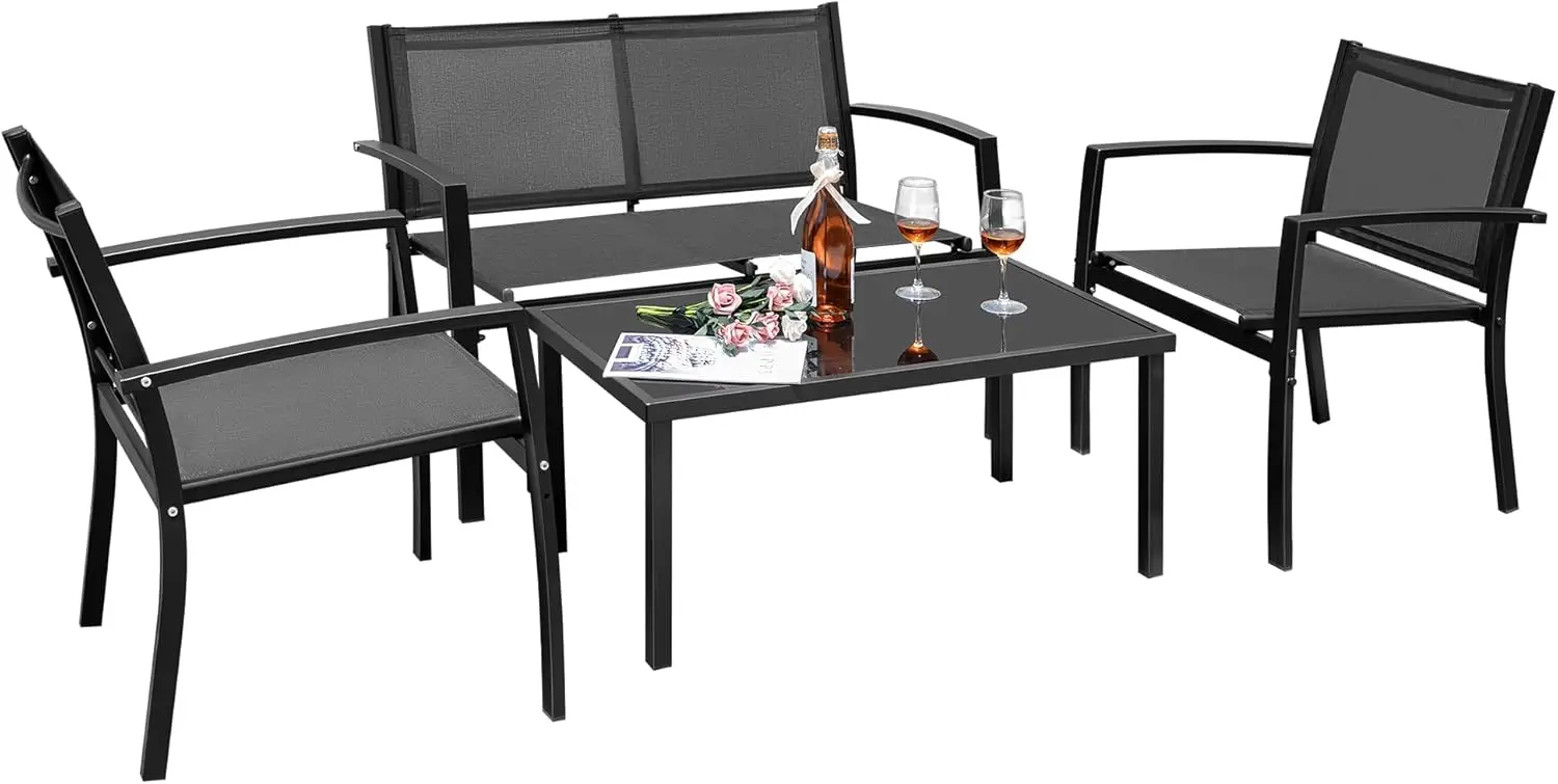 Outdoor Patio Furniture Textilene Modern Conversation Black Bistro Set with Loveseat Tea Table for Home, Lawn and Balcony