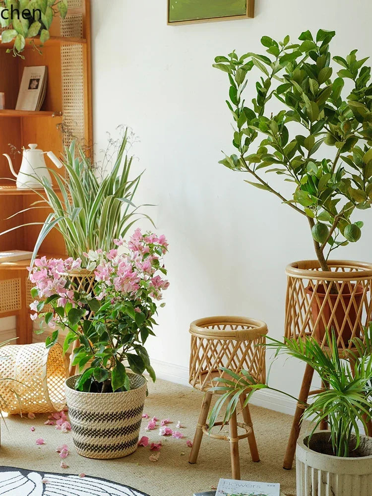 D3L20- Living Room Plant Bamboo Woven Flower Basket Decor Monstera Vine Woven Flower Pot Balcony Flower Stand