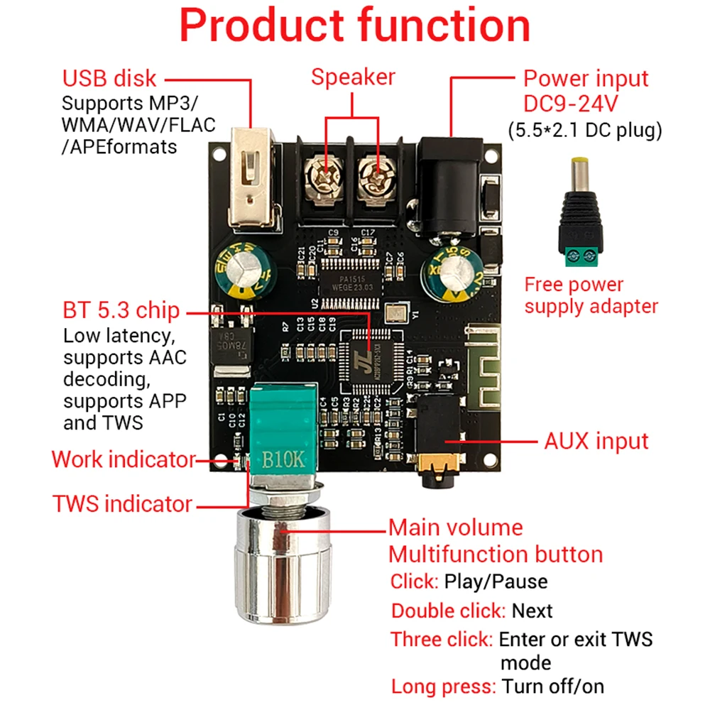 ZK-301B 30W Audio Amplifier Board DC9-24V Bluetooth 5.3 Mono Channel Audio AMP Board with True Wireless TWS Matching Box