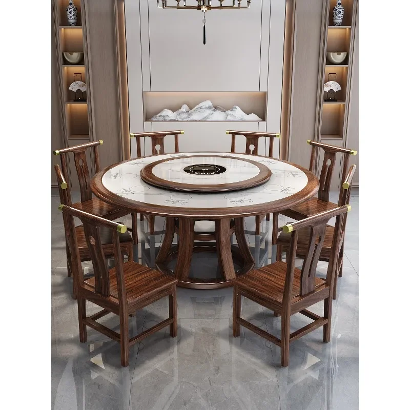 Solid wood round table with induction cooker Home dining table Chinese simple