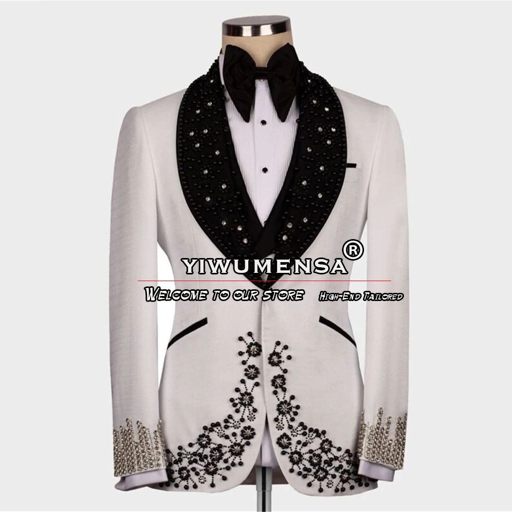 Bright Diamond Wedding Suits For Men Luxury Beaded Black Notched Lapel Jacket Vest Pants 3 Pieces Man Formal Groom Tuxedo Custom