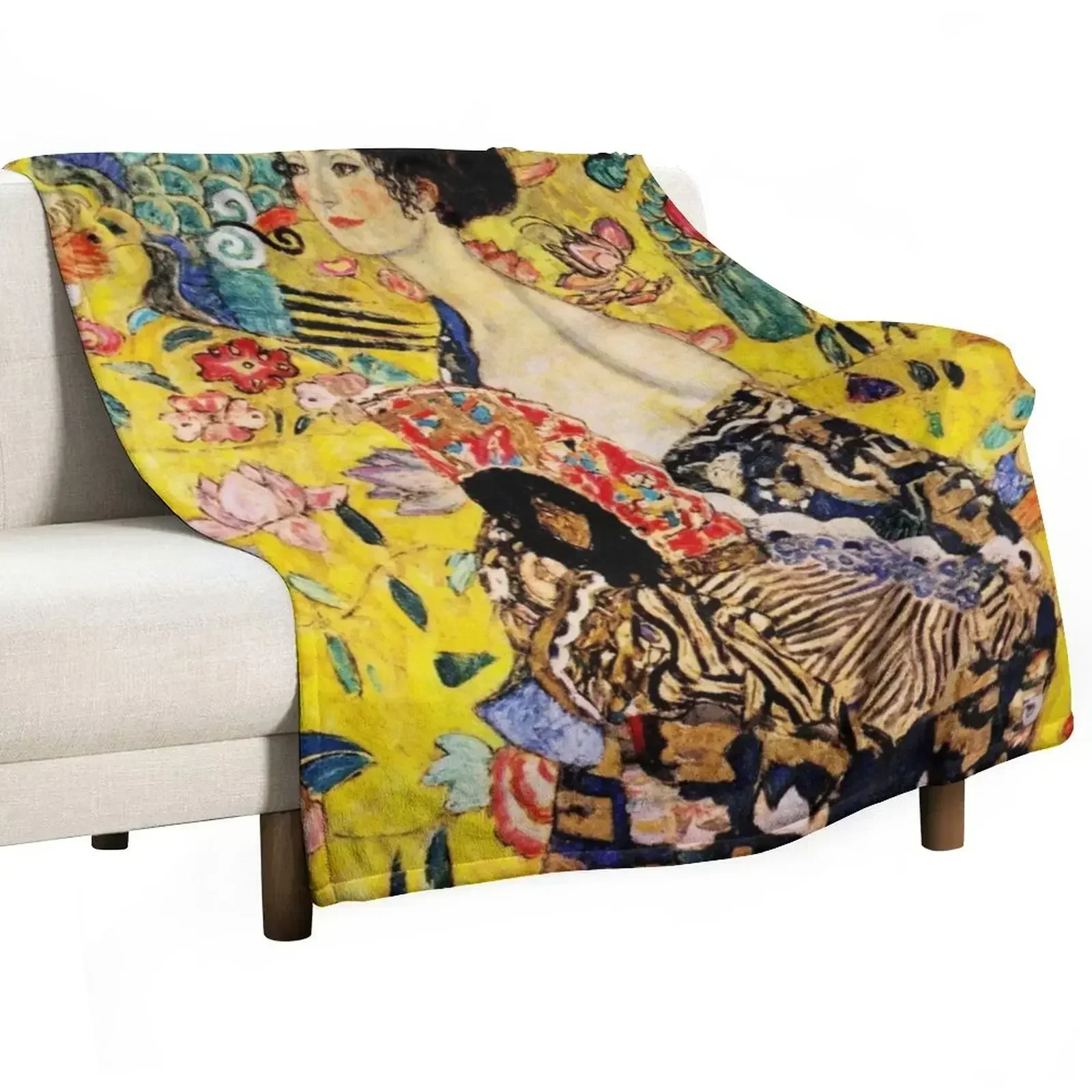 Lady with Fan | Gustav Klimt Art Nouveau-Modern Japonism Inspired Throw Blanket Soft Plush Plaid wednesday Blankets