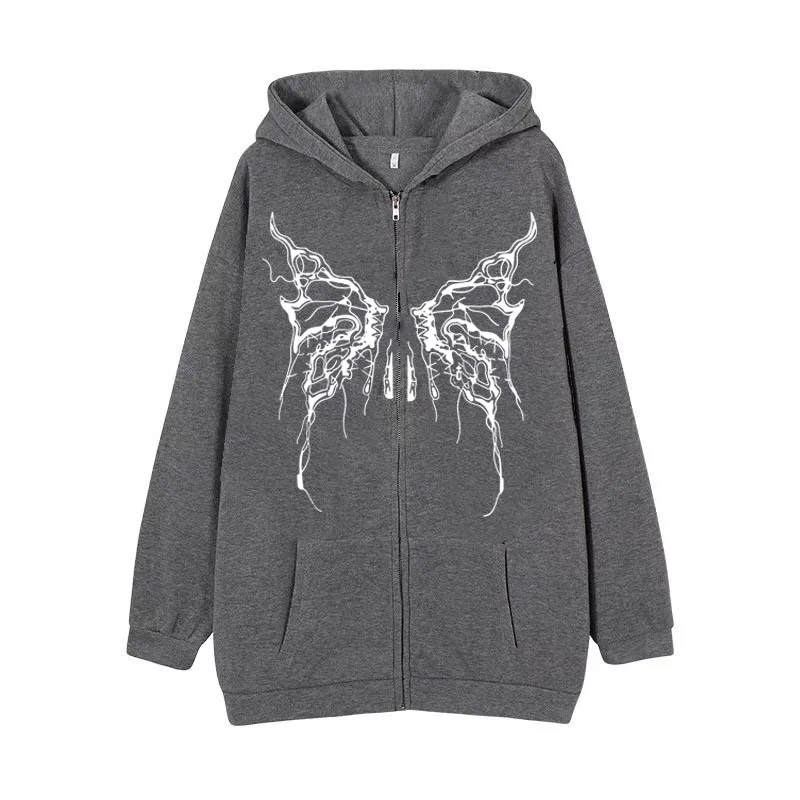 2025 Nowa damska bluza z kapturem Y2k Harajuku Jesienna gotycka bluza z nadrukiem motyla Para Bluza z kapturem z długim rękawem i zamkiem błyskawicznym Płaszcz wierzchni z kieszenią