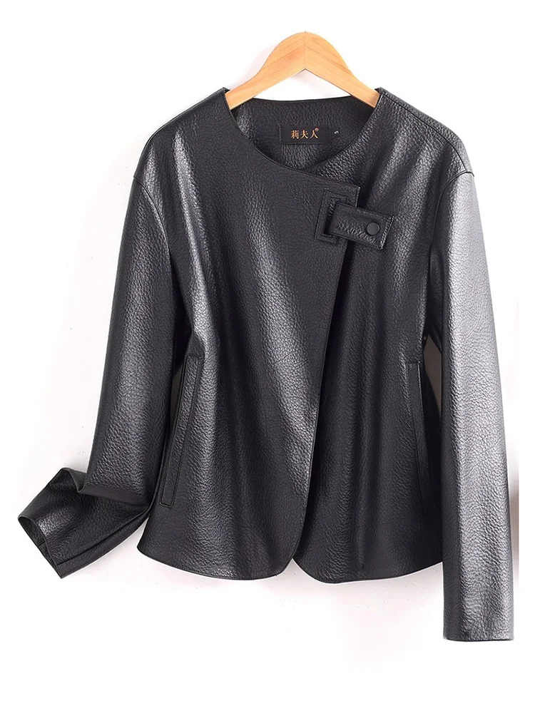 Nuovo Donne Casual Pelle Split Giacca Primavera Autunno Moda O-Neck Manica lunga Cappotto in pelle allentata Semplicità Cappotto corto Donna
