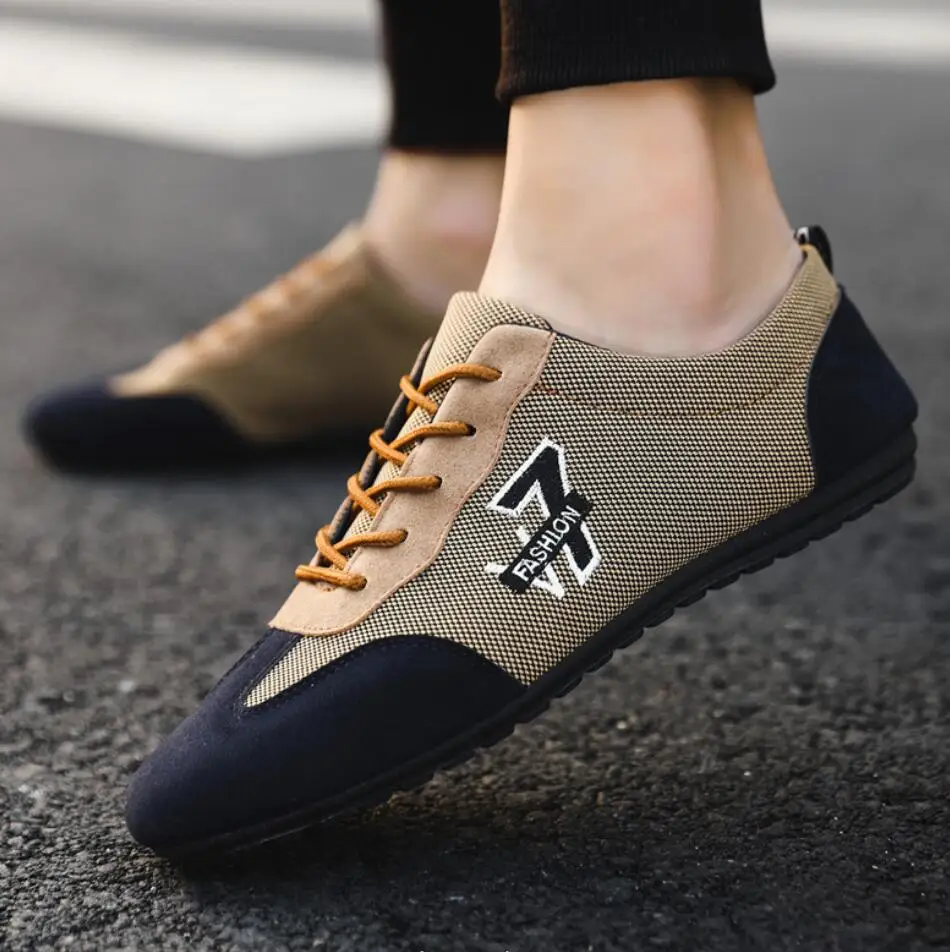 Spring Men Casual lace-up Loafers Plus Size 45 Breathable Canvas Driving Shoes Office Walking Flats Non Slip Moccasins Sneakers