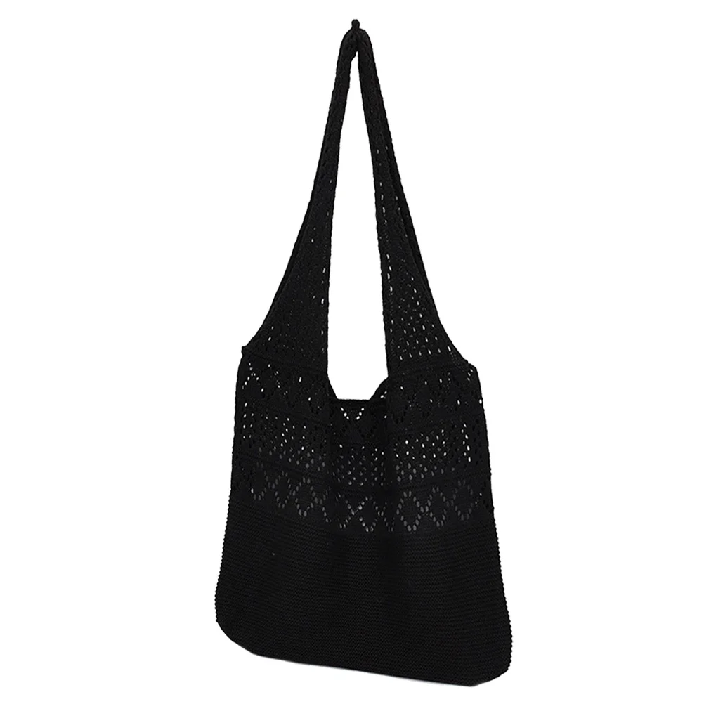 

1pc Knitted Hollow Design Women Sling Bag Black Lightweight Fashion Tote Shoulder Bag Crochet Beach Purse Mini Water Proof