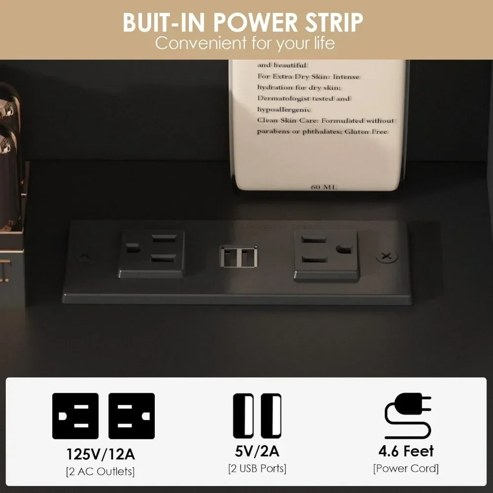 Drawer Table with Lighting Mirror & Power Strip Dressing Vanity Table with Lights 35in Makeup Vanity Desk