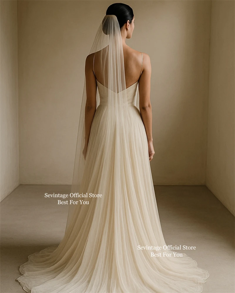 

Sevintage Ivory Chiffon Wedding Dresses Spaghetti Strap A-Line Bridal Gowns Sleeveless Ruched Formal Birde Dress Women Customize