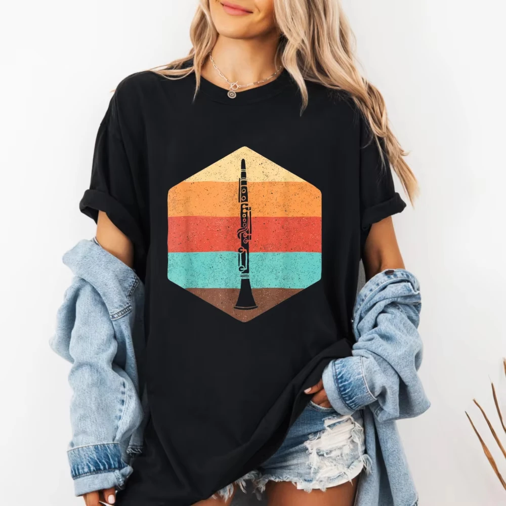 Retro Clarinet Music Lover Tshirt Vintage Striped Woodwind Instrument T-Shirt Cotton Loose Casual Short Sleeve Band Teacher Tops