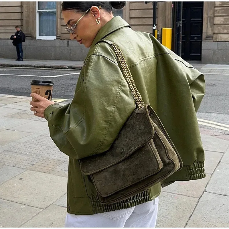 Chaqueta de cuero verde, abrigo con silueta Vintage, tendencia de calle, abrigo corto con solapa y cremallera, Top informal holgado, prendas de vestir para otoño