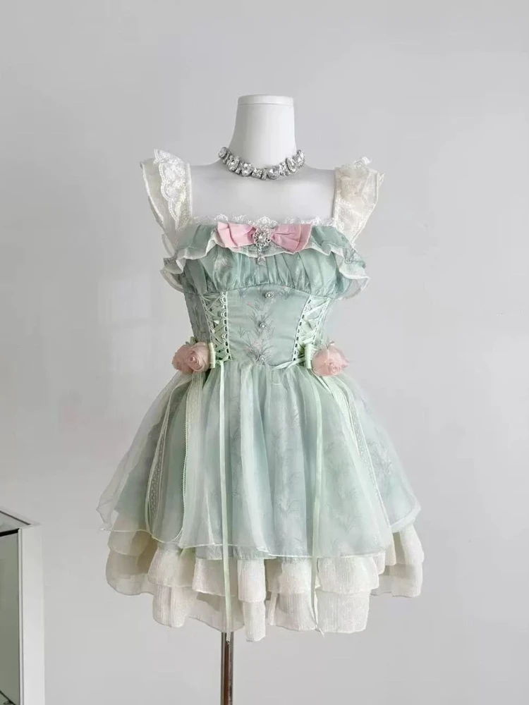 Abito da festa di compleanno verde chic coreano donna estate nuova vita dolce abiti corti sottili abiti Lolita fata dei fiori giapponese 2025