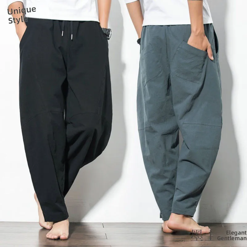 Loose Cotton Linen Men's Casual Pants Big Size with Large Crotch Autumn Winter Long Trousers Comfortable Breathable Straight Leg