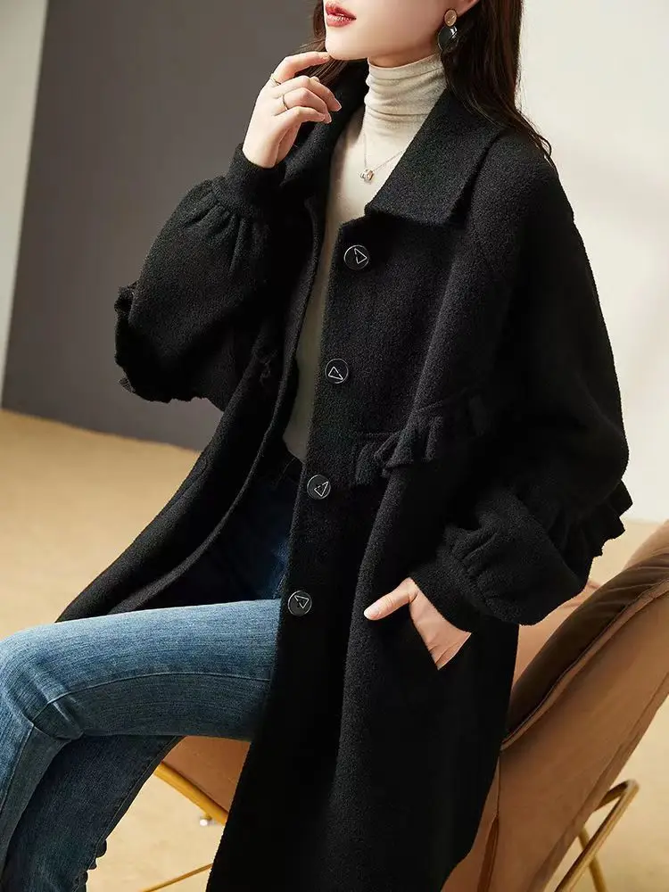 Hepburn Style Woolen Coat for Women Autumn and Winter Plus Size Women Coat Loose Mid-length Warm and Fashionable Trench