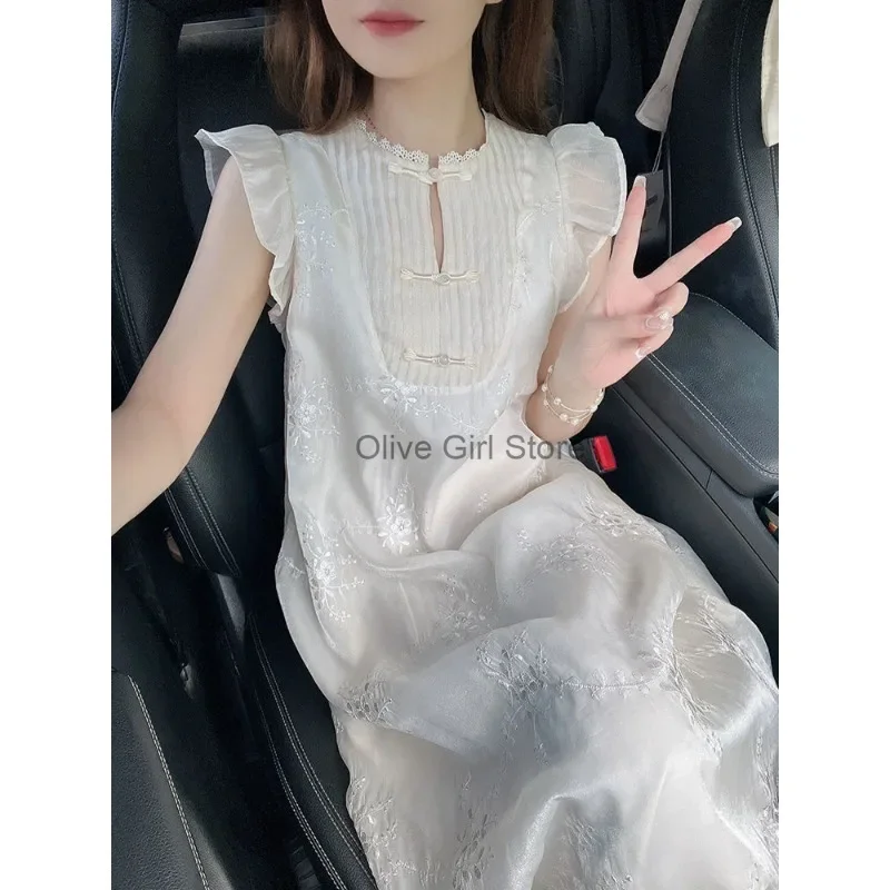 Chinese Dress Exquisite Jacquard Embroidered Dress Y2K Elegant Gentle Small Flying Sleeves Long Women Clothing Beach Streetwear