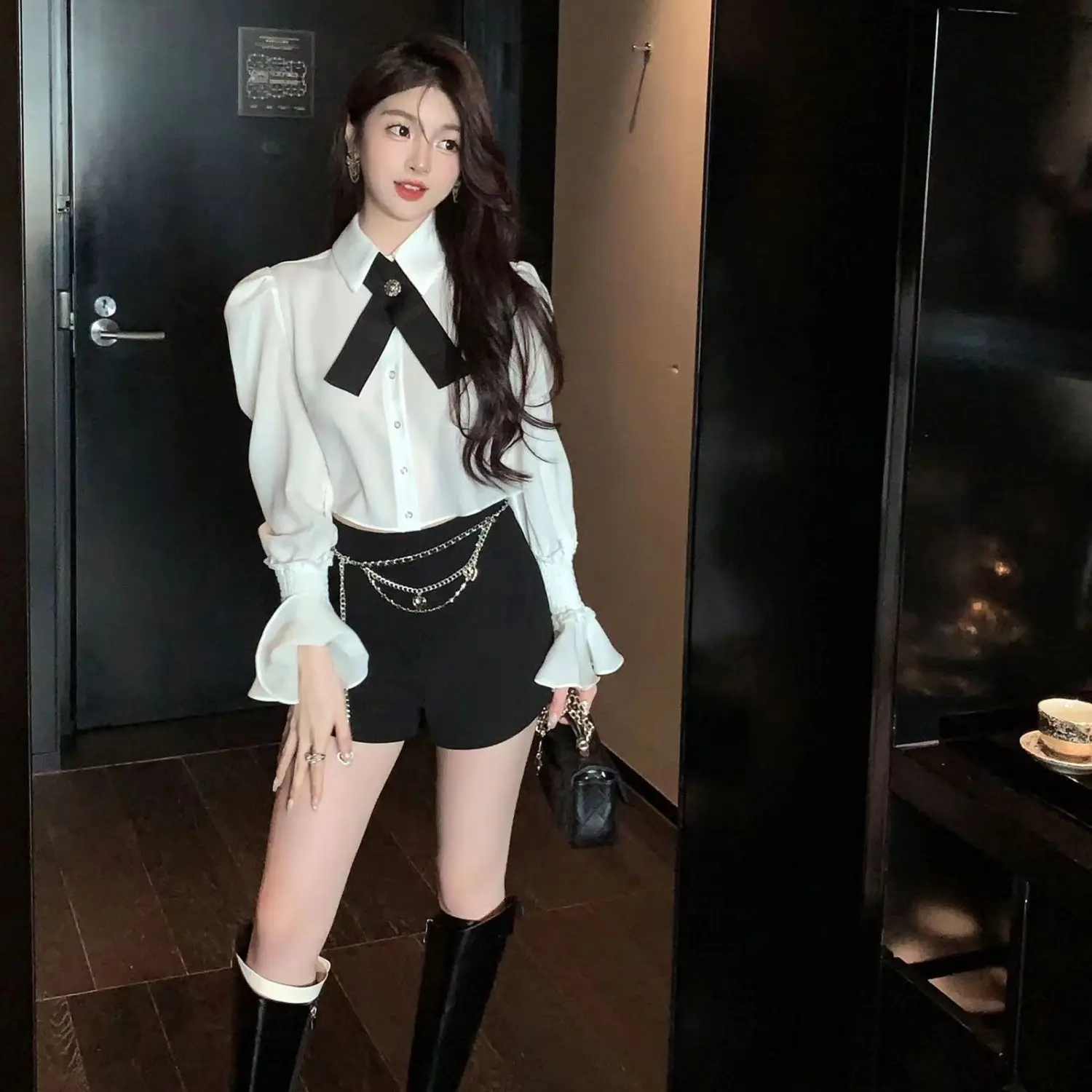 

Single Piece/Two Piece Set Small Fragrance French Puff Sleeve Tie Shirt High Waist Slim Shorts Women 2024 Spring Autumn New Set