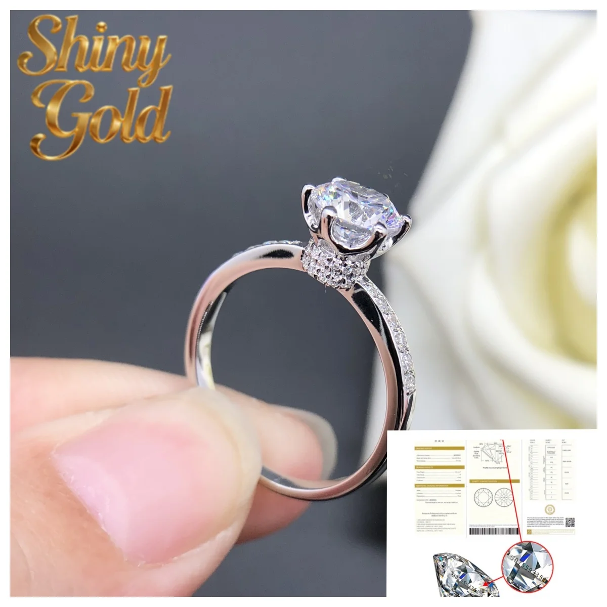 

Кольцо для помолвки из белого золота 14K (AU585) с муассанитом 1 карат (6,5 мм), цвет D, чистота VVS1, от ShinyGold, высокое качество, ювелирное изделие с имитацией бриллианта, модель 092