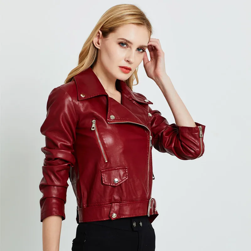 Women Faux PU Leather Coat Casual Lady Red Motorcycle Jacket Vintage Lapel Short Biker Jacket