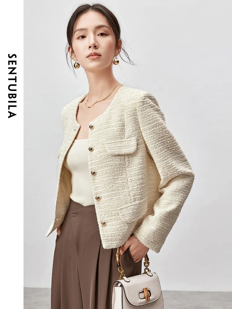 

SENTUBILA Women Elegant Tweed Jackets 2025 Autumn Fall Fashion French Style O Neck Long Sleeve Female Outerwear Ladies 143W56210