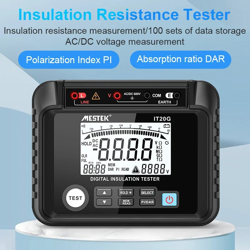 Insulation Resistance Tester 1000V 20GΩ LCD Display Digital Megohmmeter AC/DC Voltage Data Store Ratio DAR 200GΩ 2500V