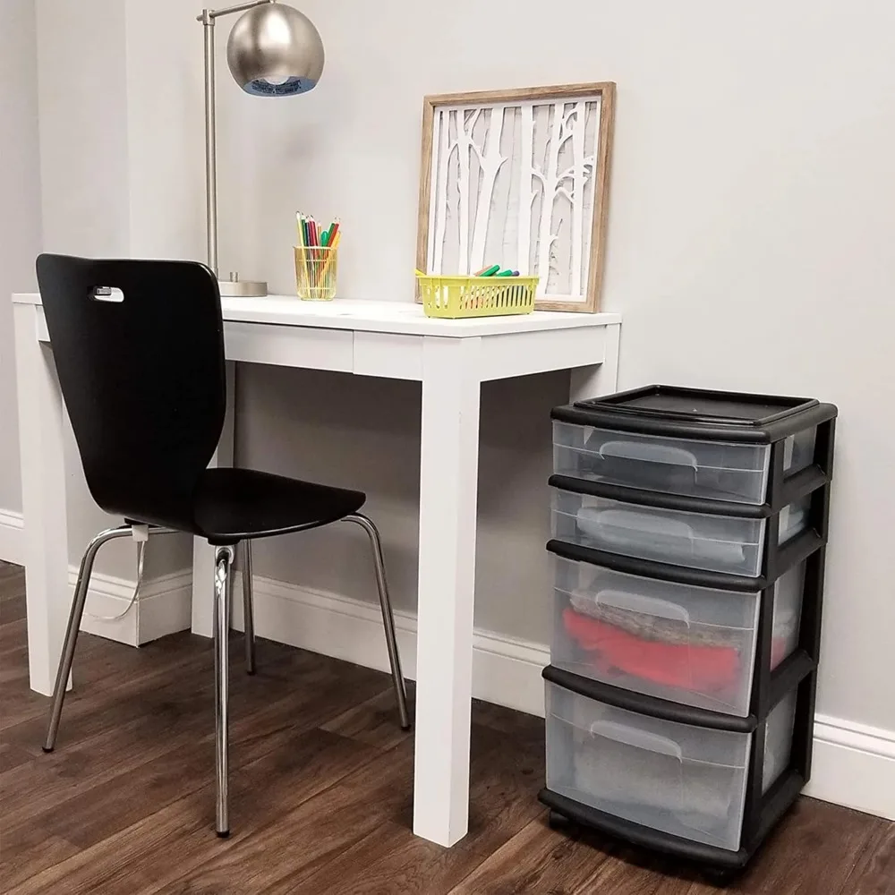 4-Tier Clear Plastic Rolling Storage Organizer with Black Frame and Wheels for Bedroom Use