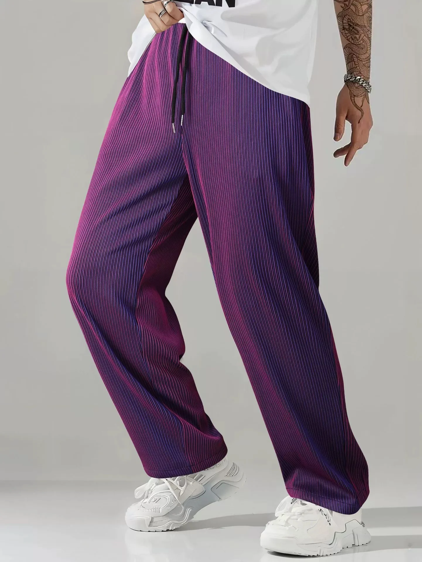 Men's Spring/Autumn Elastic Anti-Wrinkle Graduated Stripe Fashion Hip-Hop Drawstring Design Streetwear Casual Pants for Men