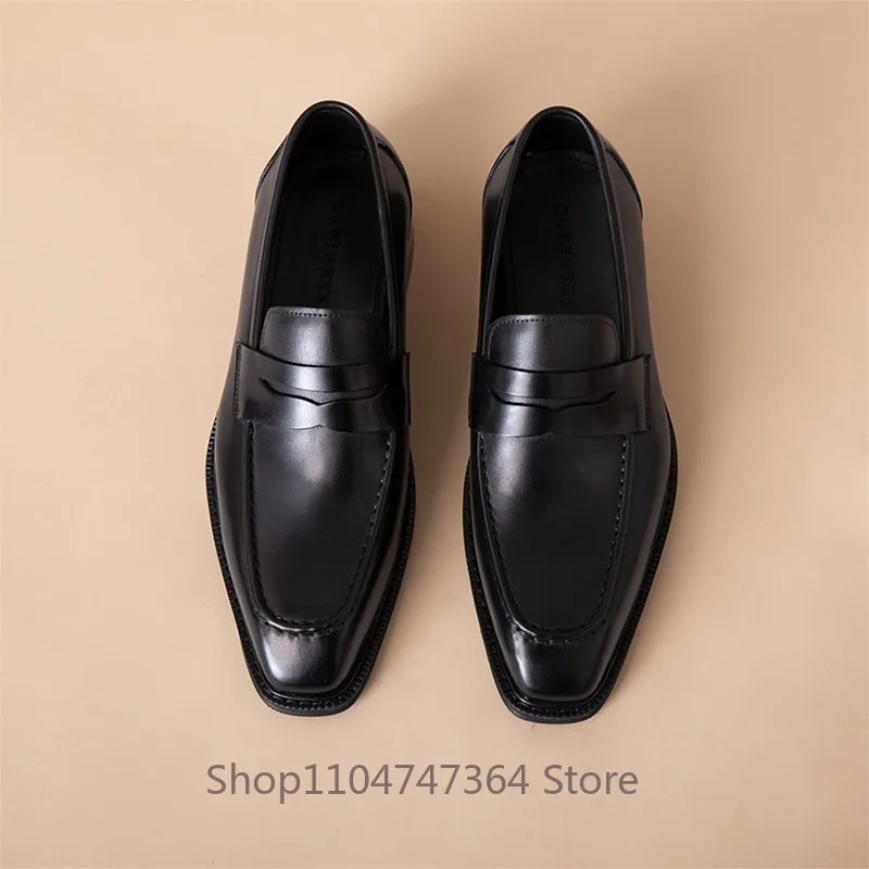 British Loafers Men's Genuine Leather Gentleman Handmade Shoes Male Youth Square Toe Slip on Outdoor Casual Dress Leather Shoes