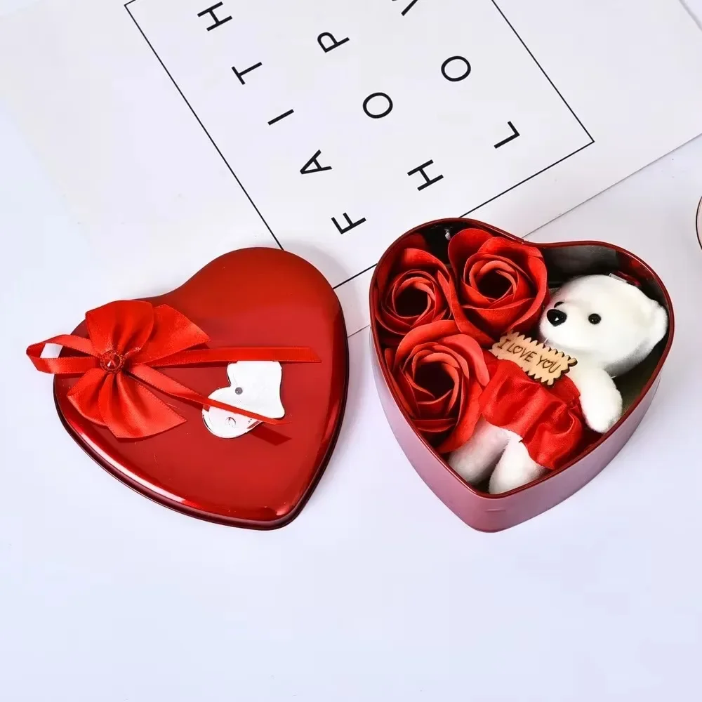 

Heart Shaped Iron Box with Artificial Flowers, Faux Rose Bouquet, Fake Eternal Flower Soap Roses Valentines Day Gift Set for My
