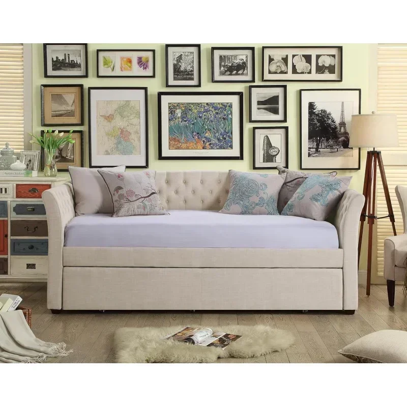 Upholstered Twin Daybed with Trundle and Tufted Button Daybed Frame, for Living Room, Bedroom, Guest Room