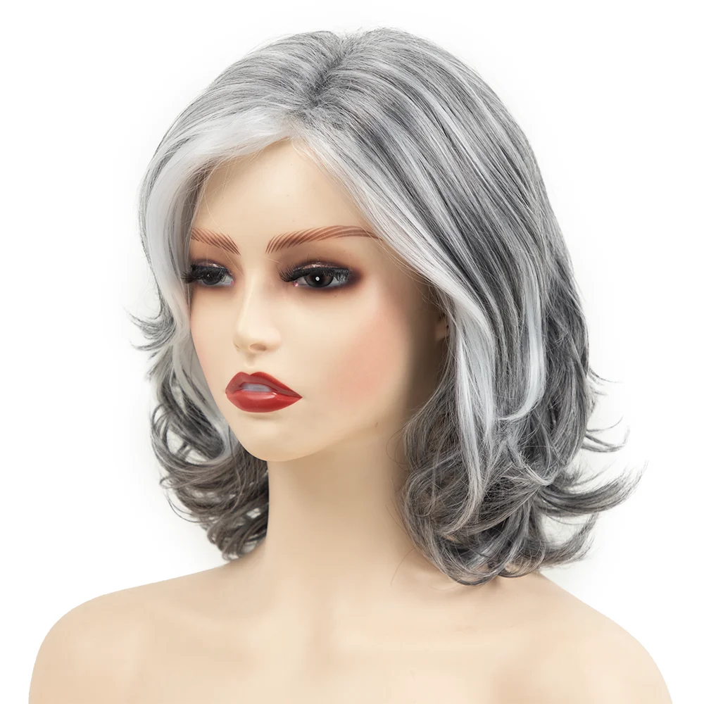 Short Wavy Synthetic Bob Hair for Mommy Daily Grey Wigs Natural Ombre Silver Short Curly Wigs for Women Grandma Cosplay Party