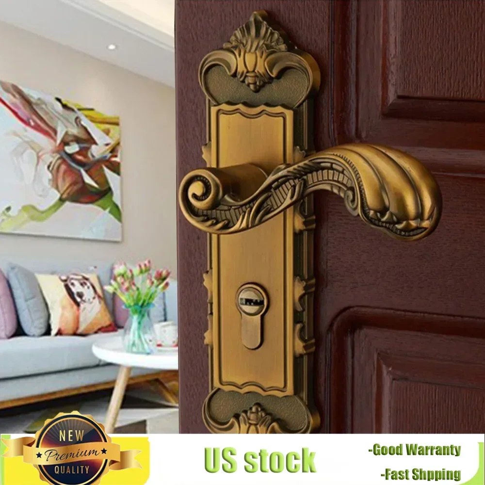 Bymaocar Security Entry Lever Door Lock Set Classic European-style Dual Knob Yellow Bronze Handle Lockset with Keys High Quality