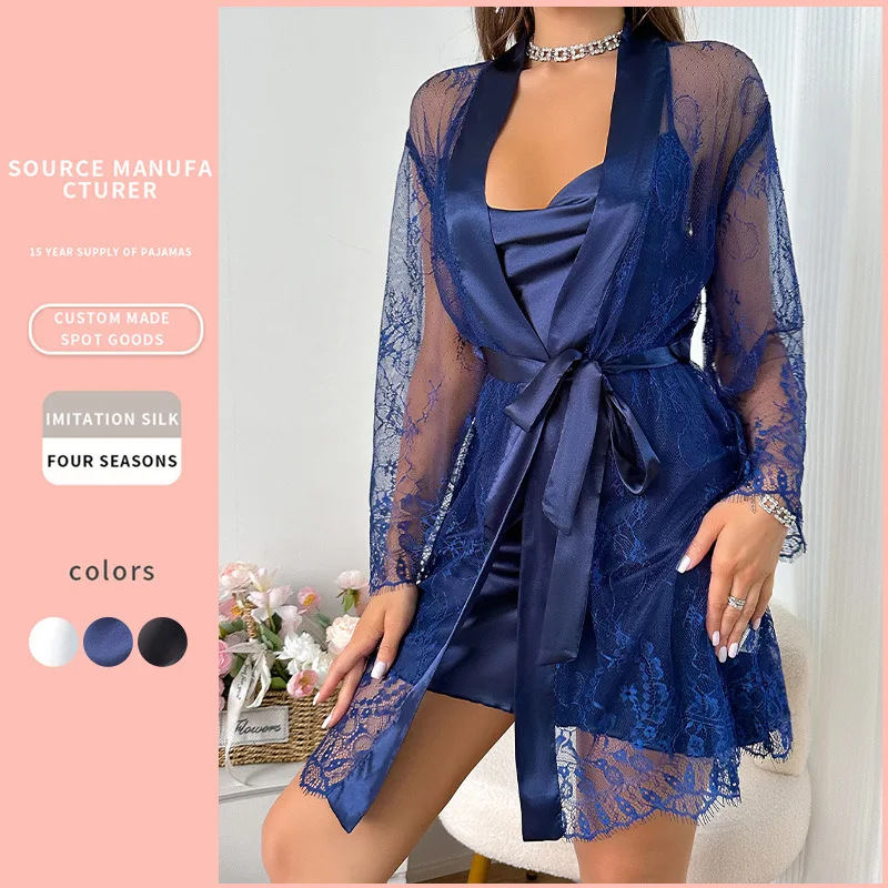 Fashion Lace Up Nightgown Sleeping Skirt Two-piece Set Women's Home Wear Sexy Thin Mesh Pajama Lace Sexy See Through Nightgown