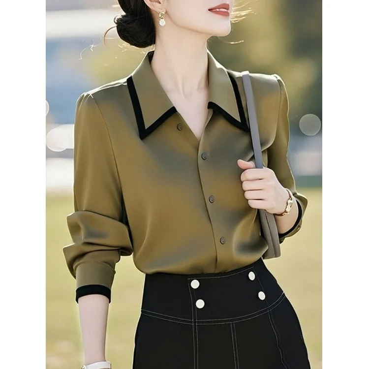 Ele Olive und Silk irt Damen Long Sve Umlegekragen Pendeln Profional Layering irt Frühling Herbst Sle