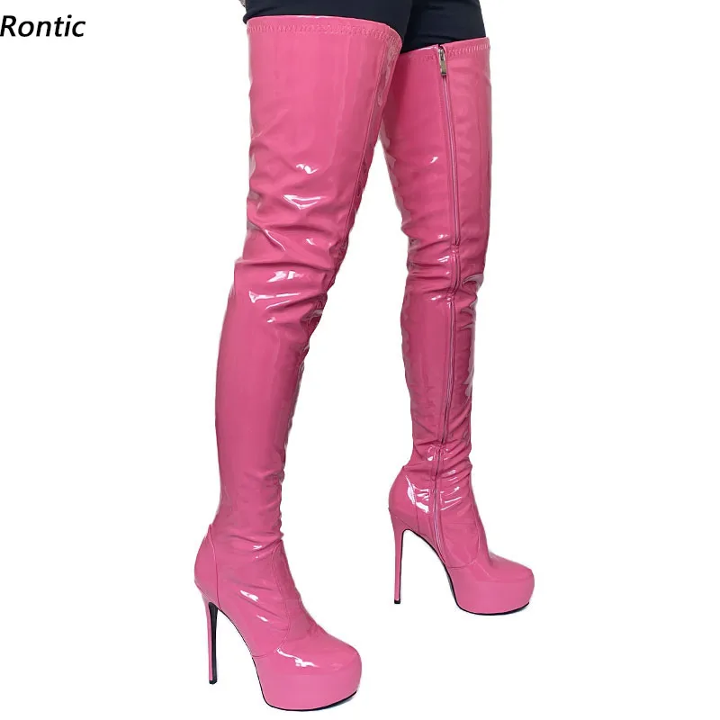 

Rontic New Women Winter Crotch Boots Patent Leather Side Zipper Stiletto Heeled Round Toe Pretty Pink Club Shoes US Size 5-20