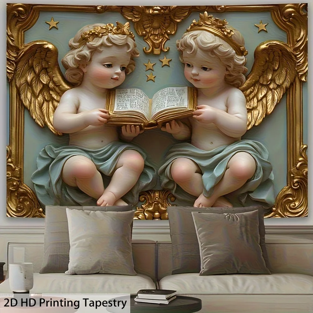 1 Stück Luxuriöser Barocker Engel-Wandteppich 2D Polyester Wandkunst Goldener Rahmen Cherub mit Buch Dekoration für Schlafzimmer Wohnzimmer Ästhetik